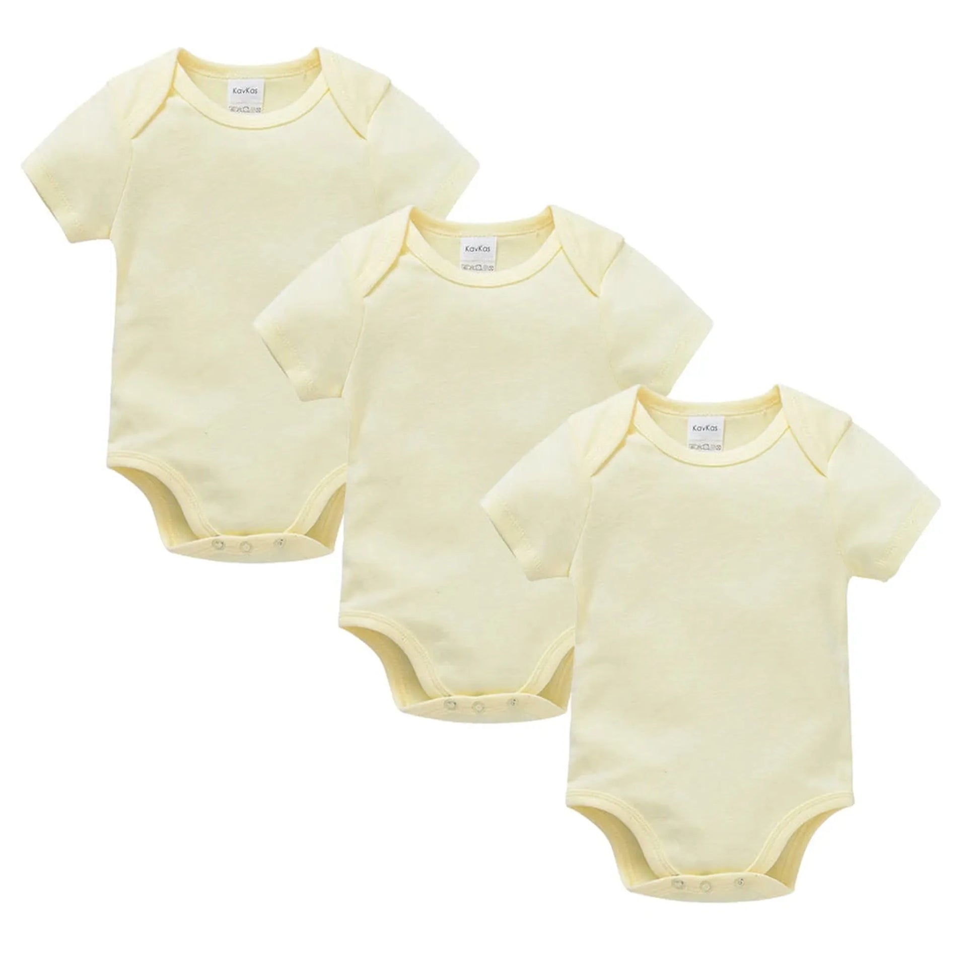 Three soft yellow cotton short-sleeve baby bodysuits with snap closures, designed for comfort and easy changing.