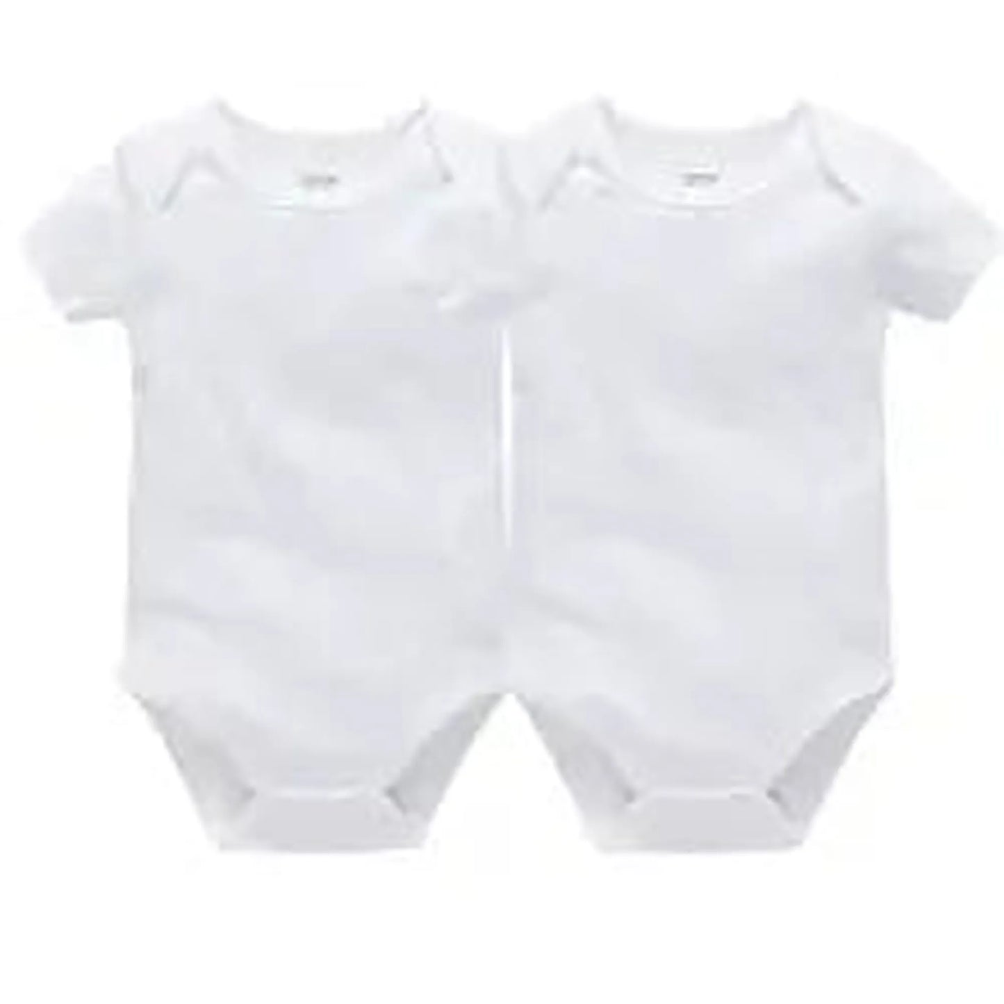 Two white short-sleeve cotton baby bodysuits with snap closures, ideal for newborns to 24 months.
