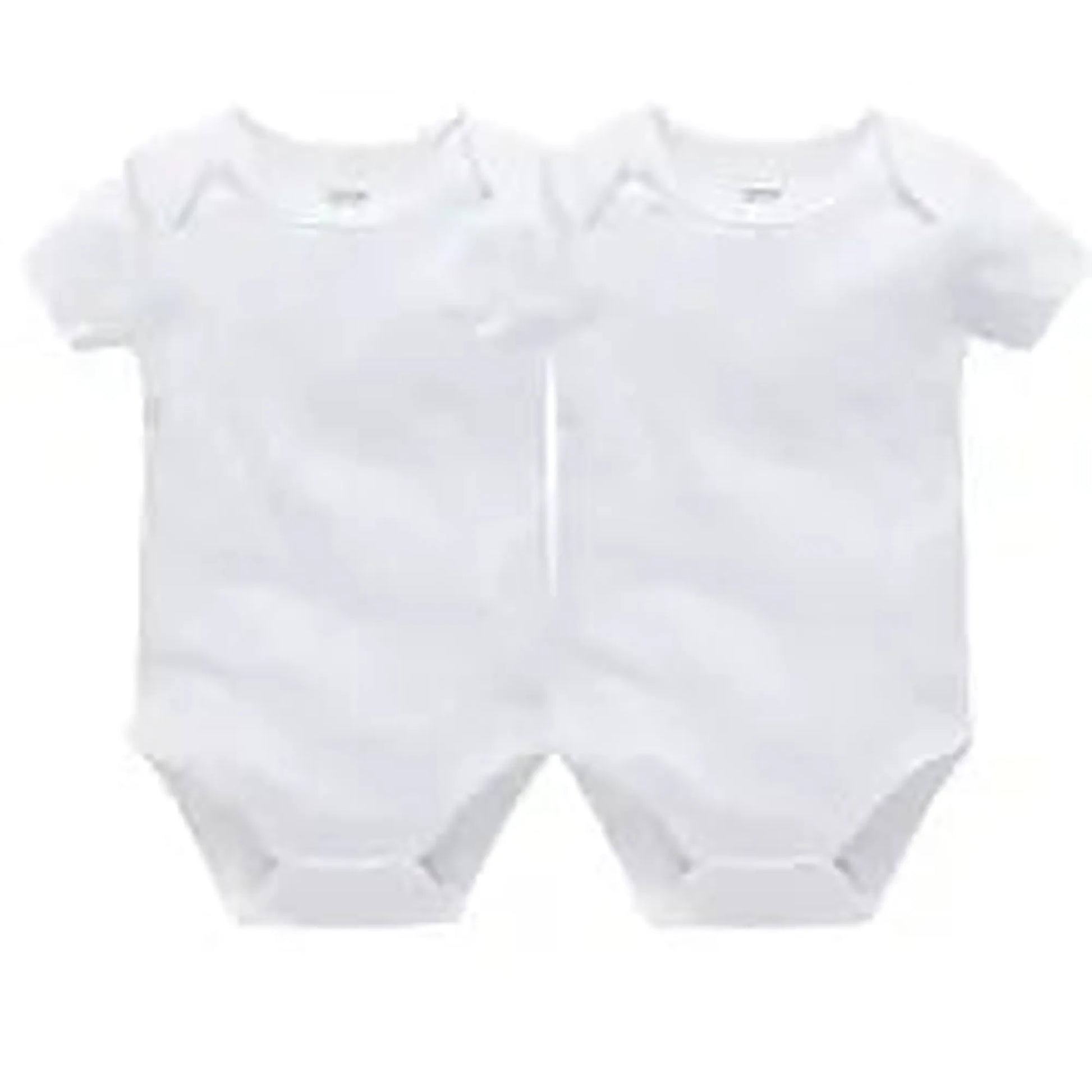 Two white short-sleeve cotton baby bodysuits with snap closures, ideal for newborns to 24 months.