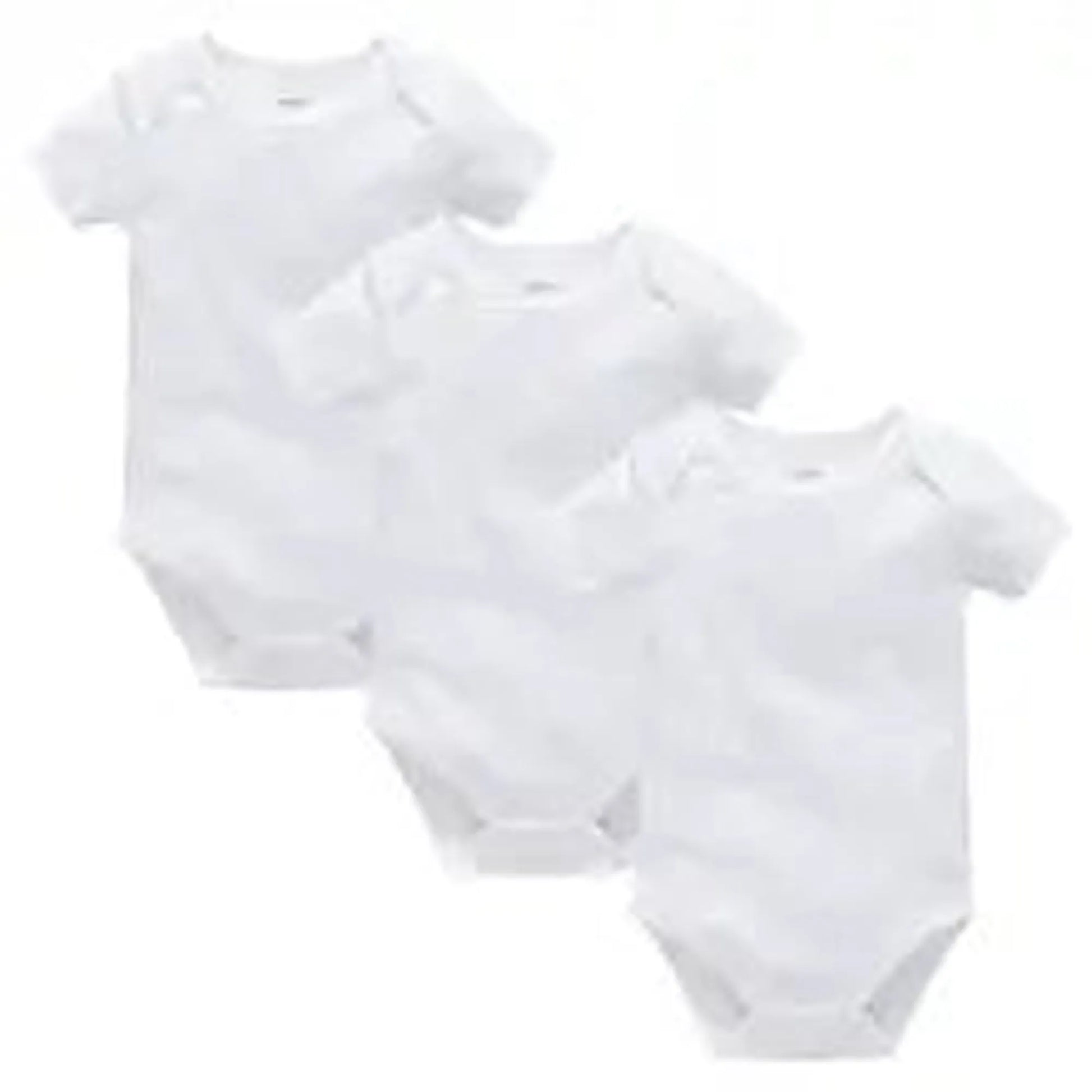 Three white short-sleeve cotton baby bodysuits with snap closures, ideal for newborns to 24 months.