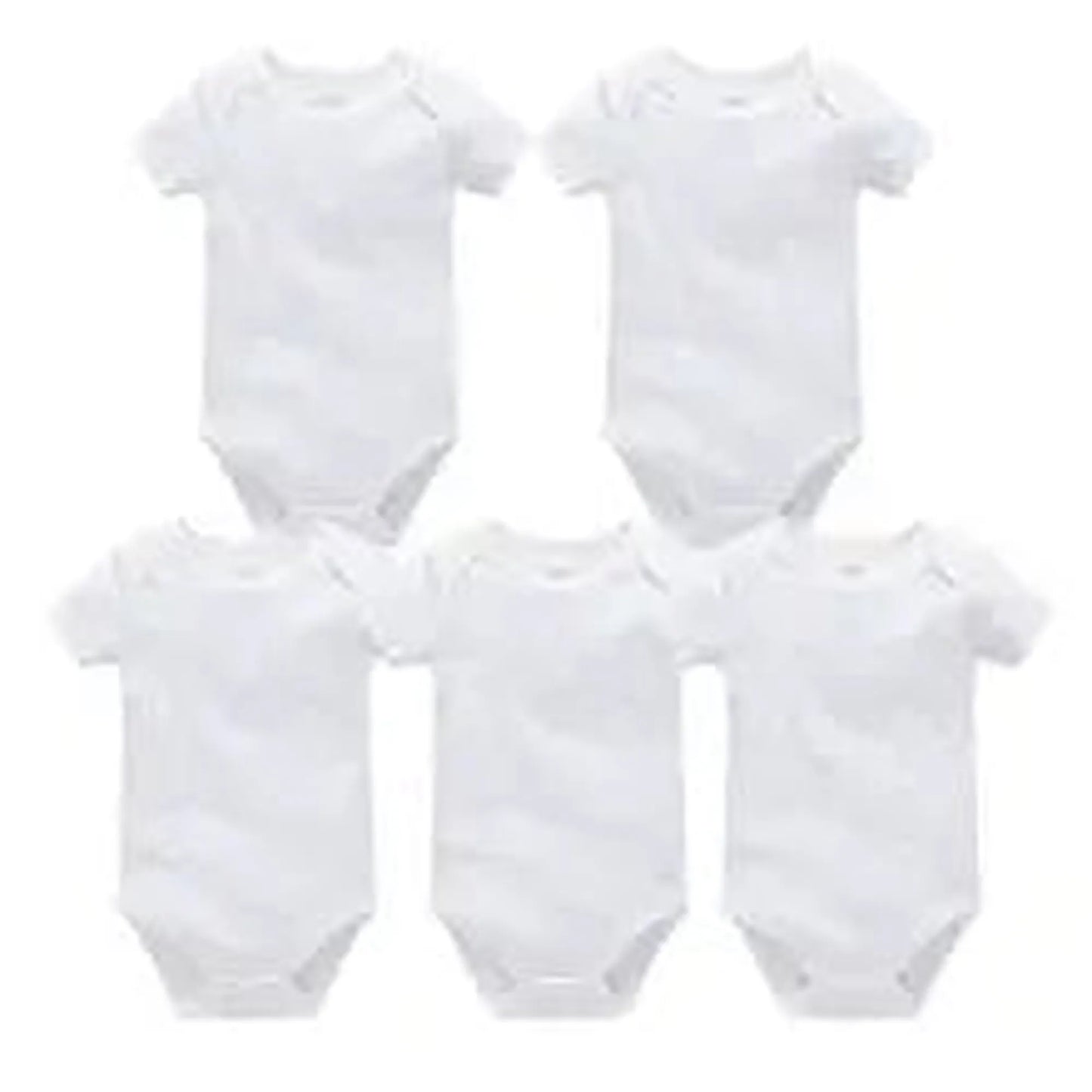 Five white short-sleeve cotton baby bodysuits with snap closures, suitable for everyday wear.