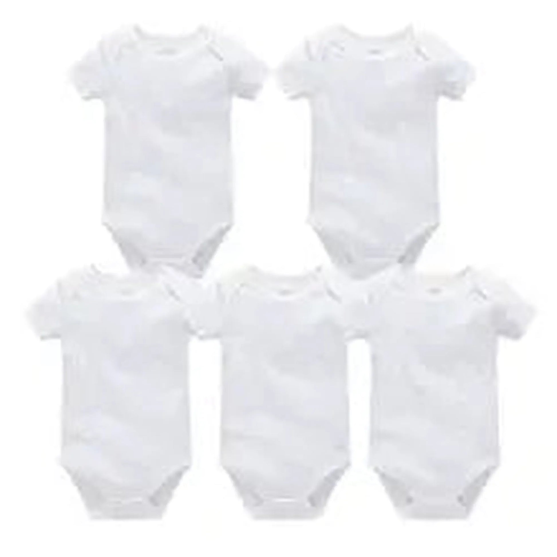 Five white short-sleeve cotton baby bodysuits with snap closures, suitable for everyday wear.
