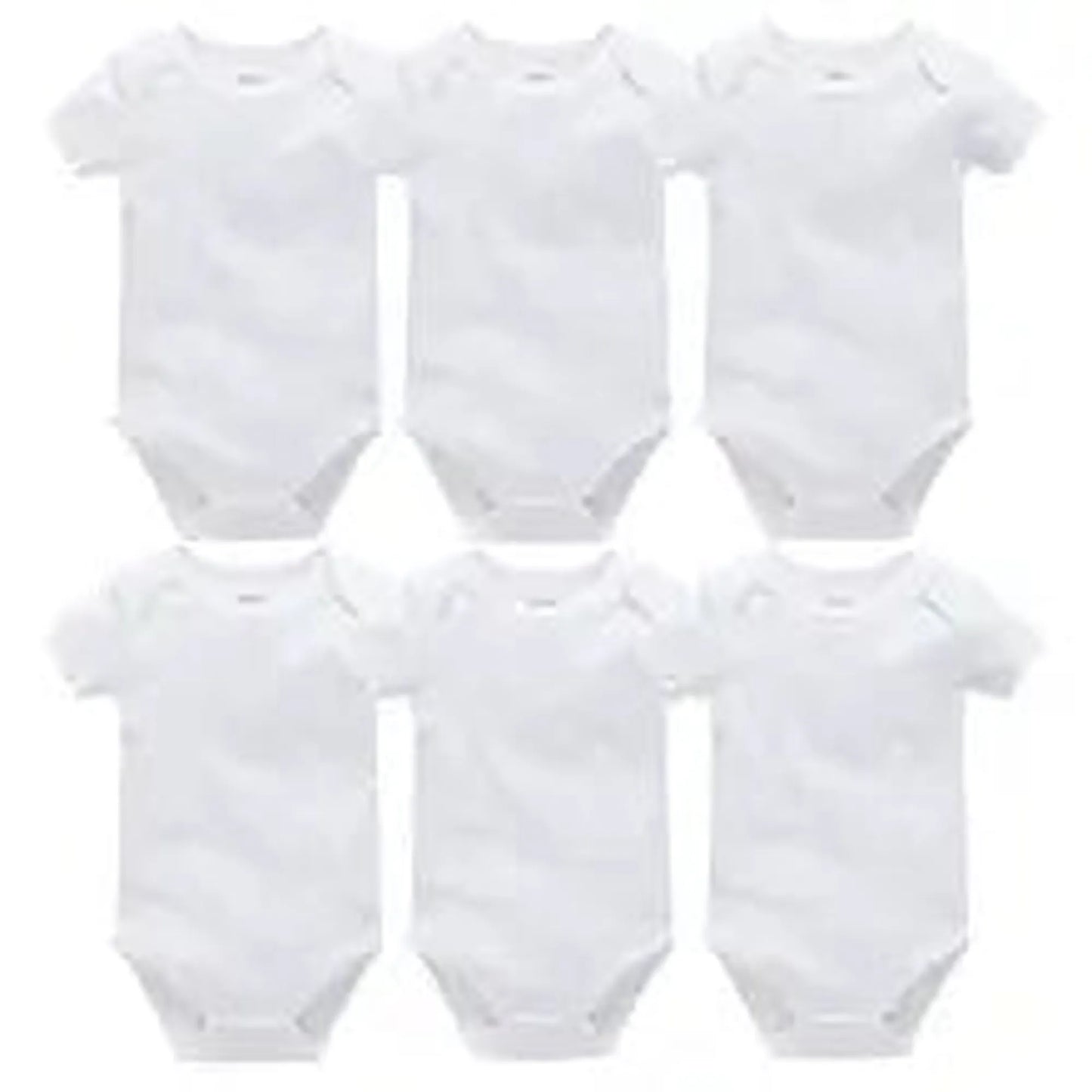 Six white short-sleeve cotton baby bodysuits with snap closures, ideal for everyday wear.