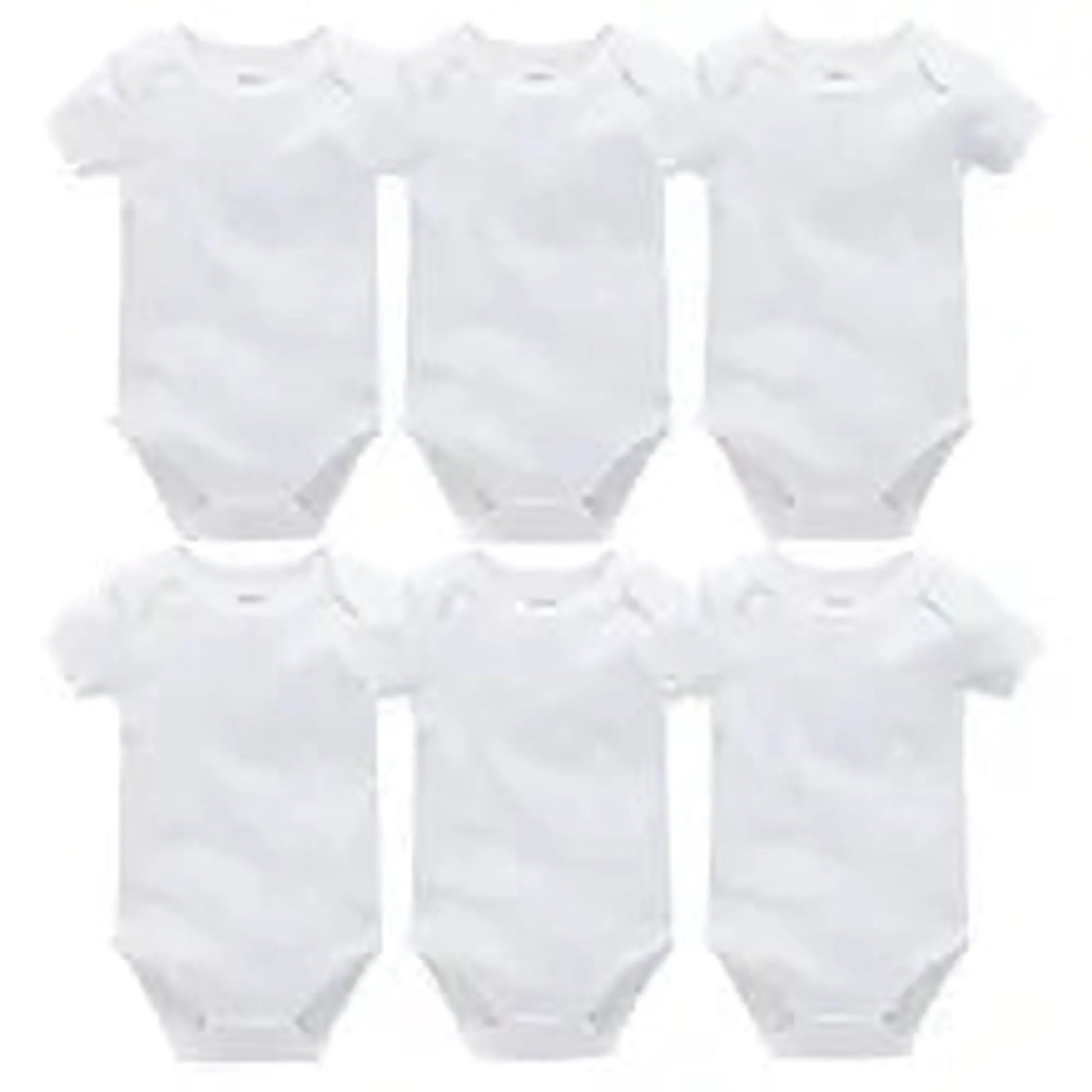 Six white short-sleeve cotton baby bodysuits with snap closures, ideal for everyday wear.