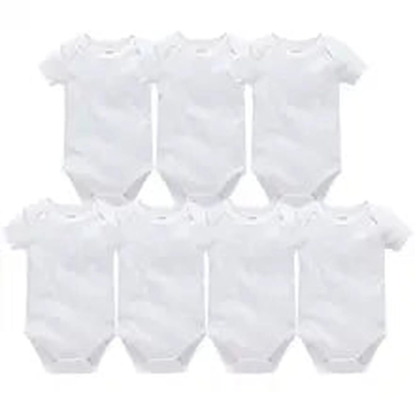 Eight white short-sleeve cotton baby bodysuits with snap closures, perfect for everyday wear.