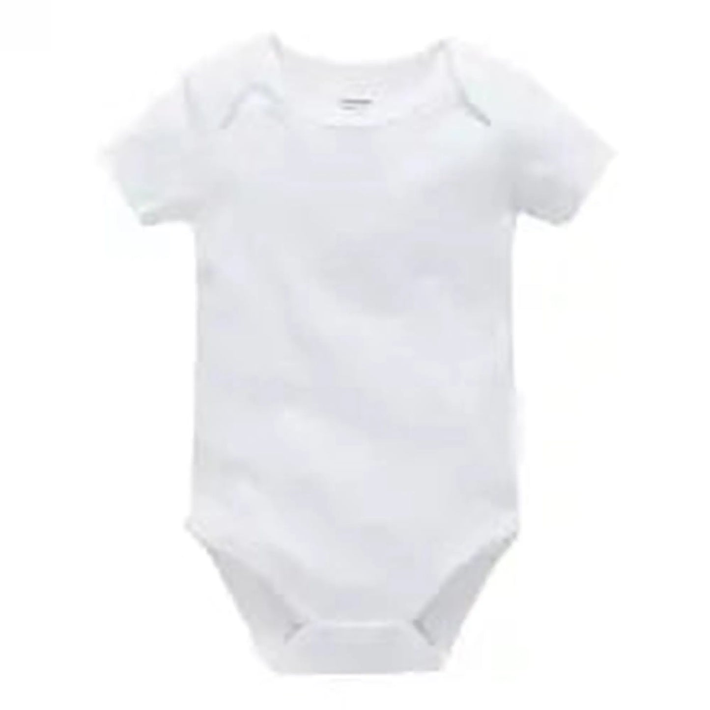 Soft white cotton baby bodysuit with short sleeves and snap closure.