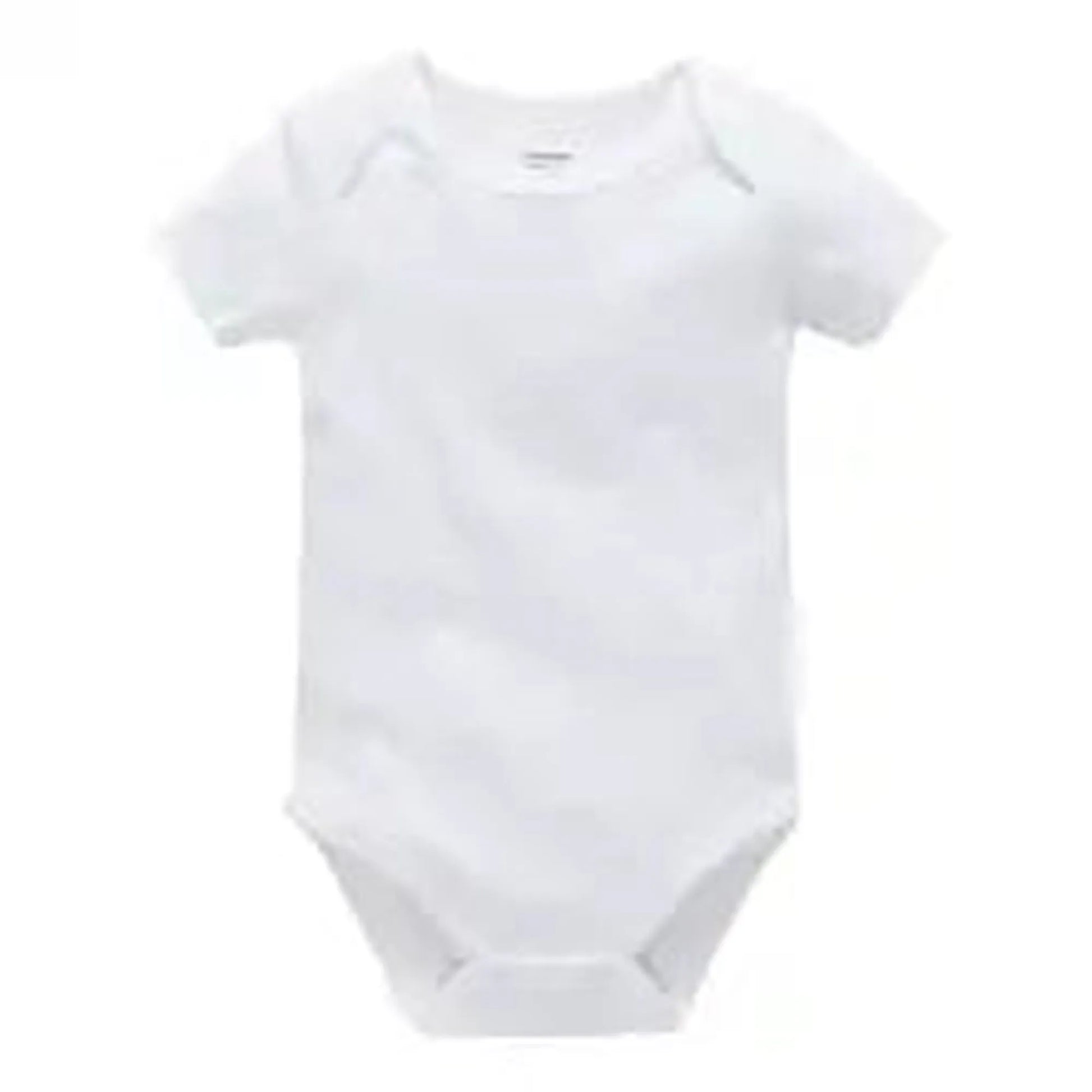 Soft white cotton baby bodysuit with short sleeves and snap closure.