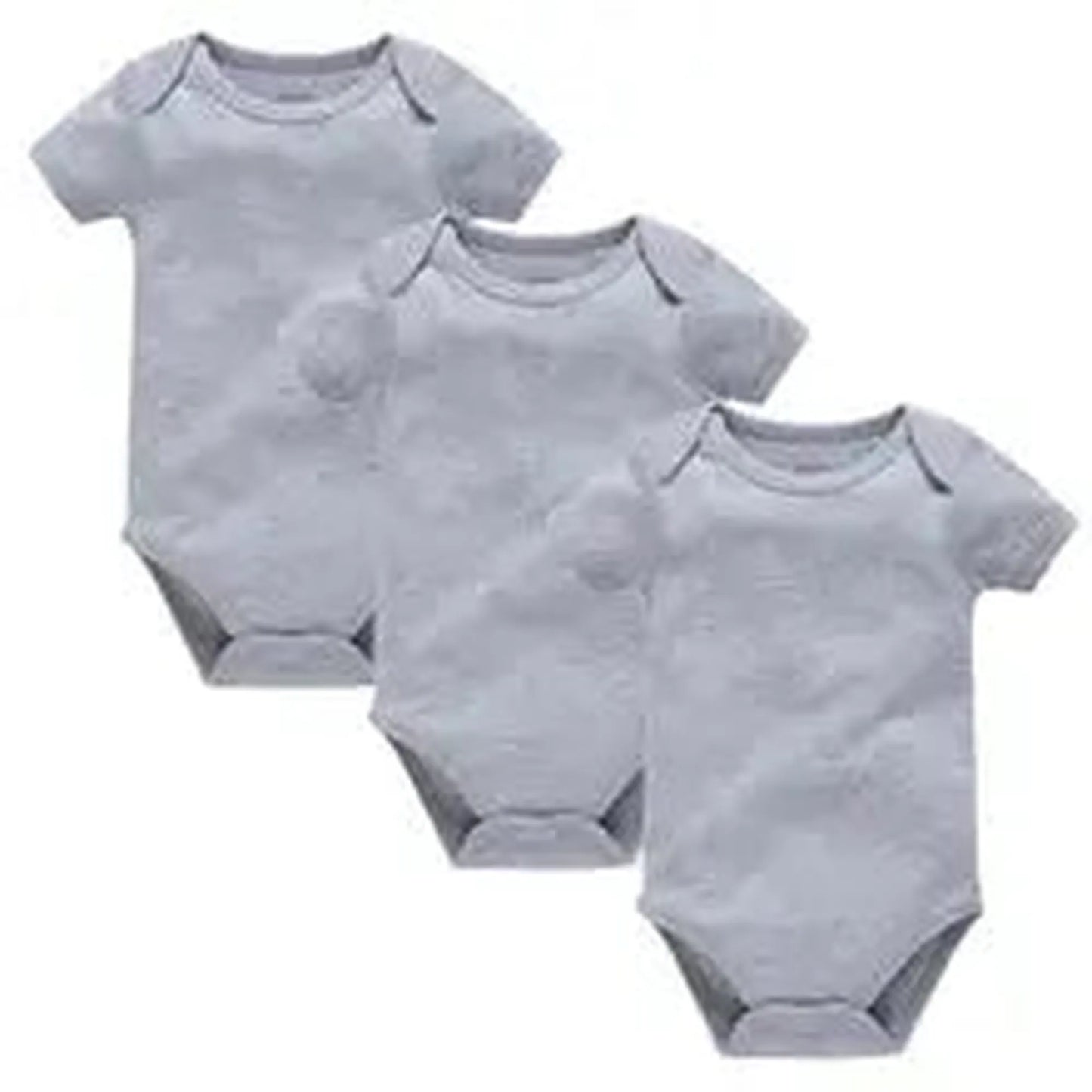 Three soft grey cotton short-sleeve baby bodysuits with snap closures for easy changing.