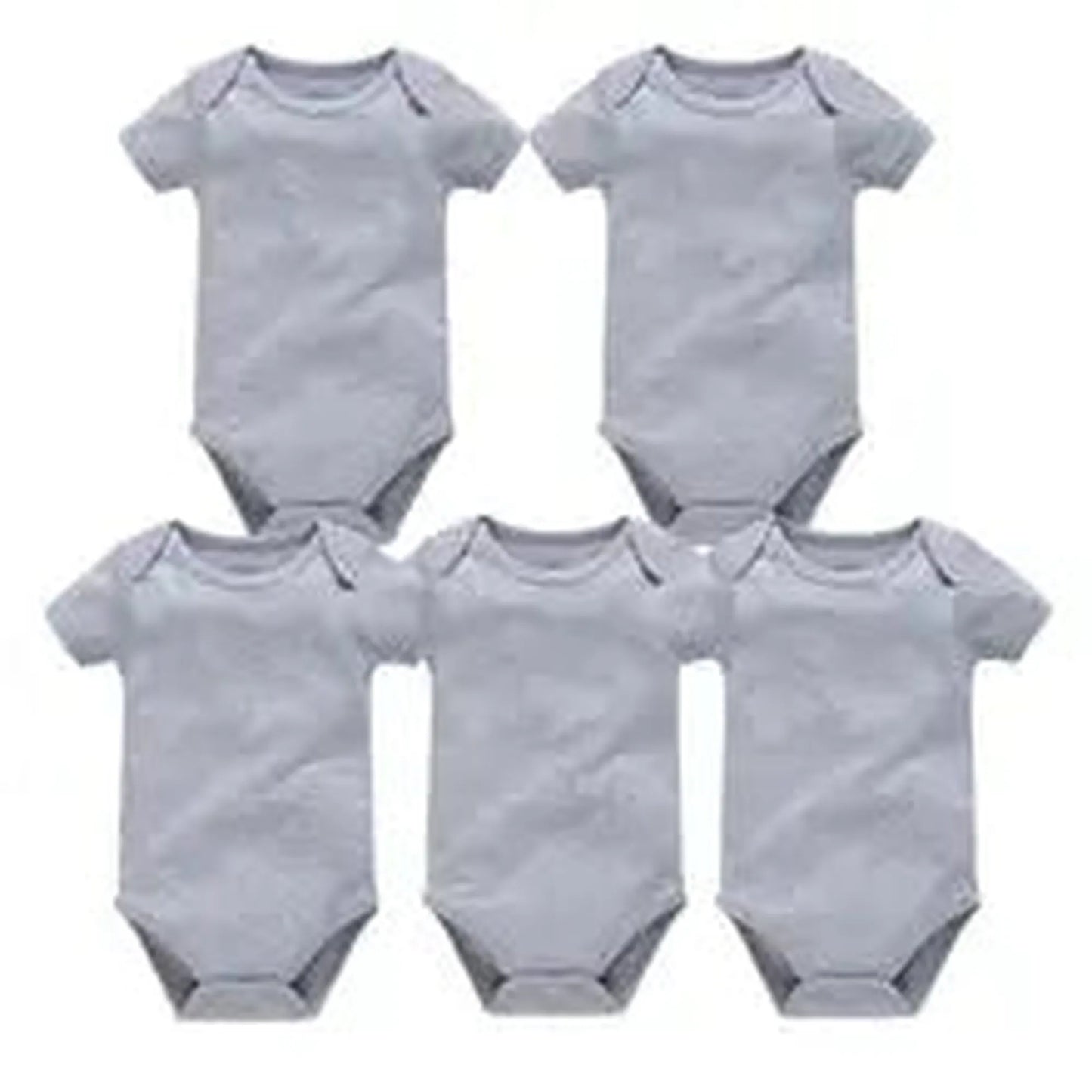 Five light gray short-sleeve cotton baby bodysuits with snap closures, perfect for newborns to 24 months.