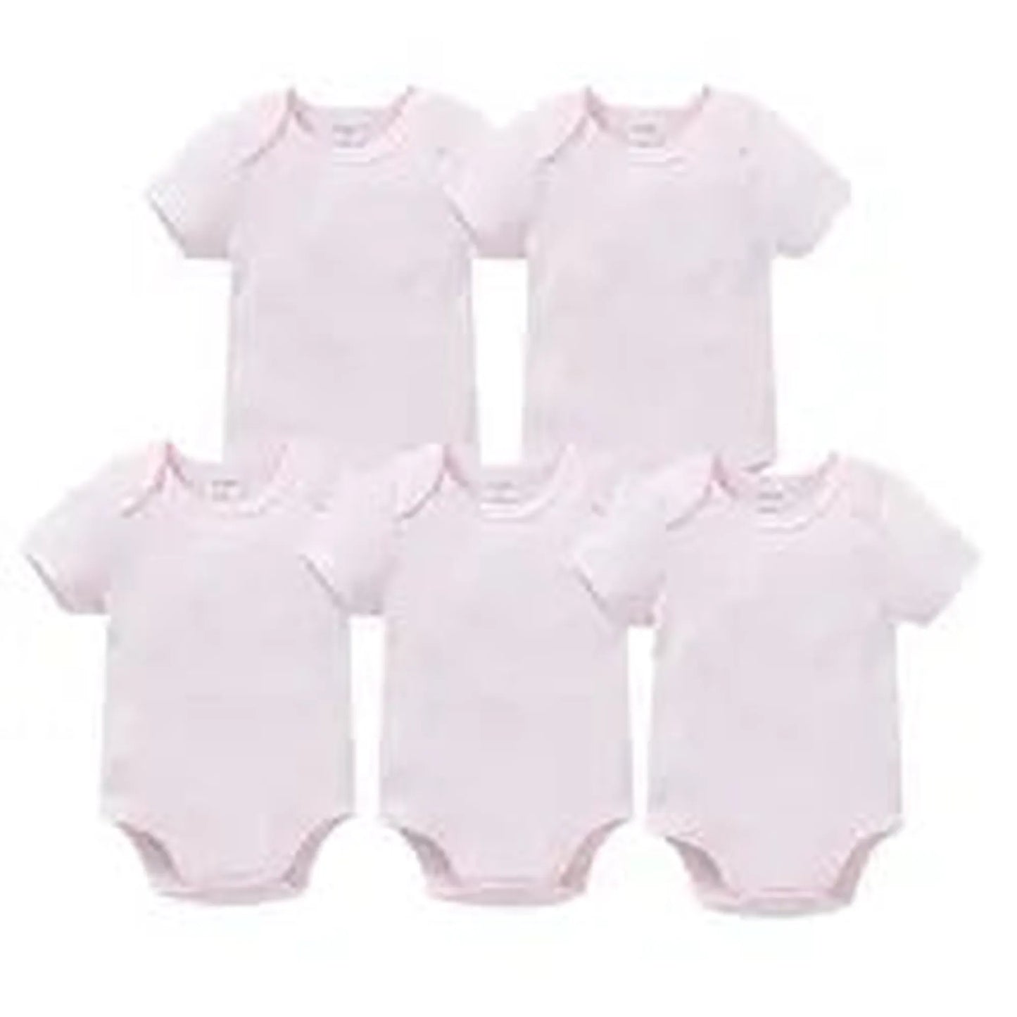Five soft pink cotton short-sleeve baby bodysuits with snap closures, suitable for ages 0-24 months.