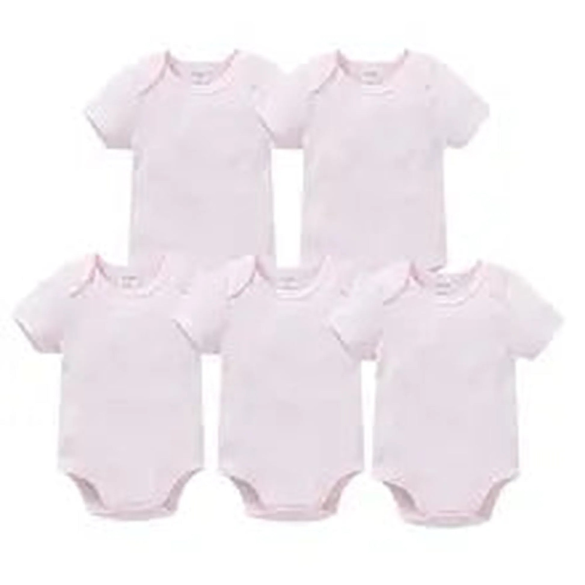 Five soft pink cotton short-sleeve baby bodysuits with snap closures, suitable for ages 0-24 months.