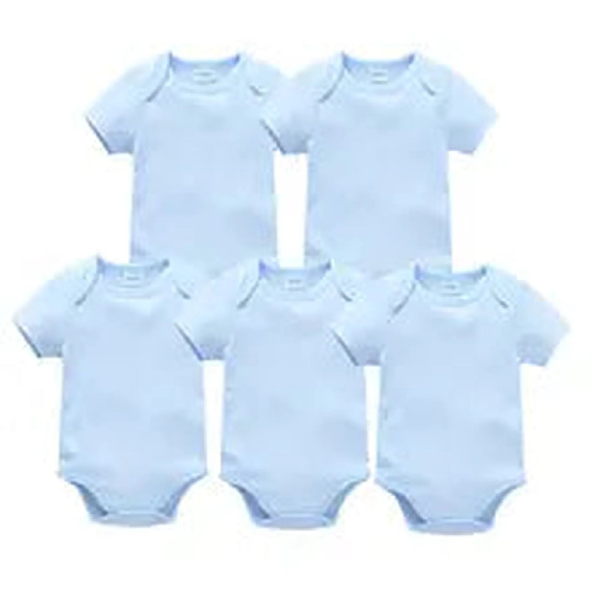 Five light blue short-sleeve cotton baby bodysuits with snap closures, suitable for everyday wear.
