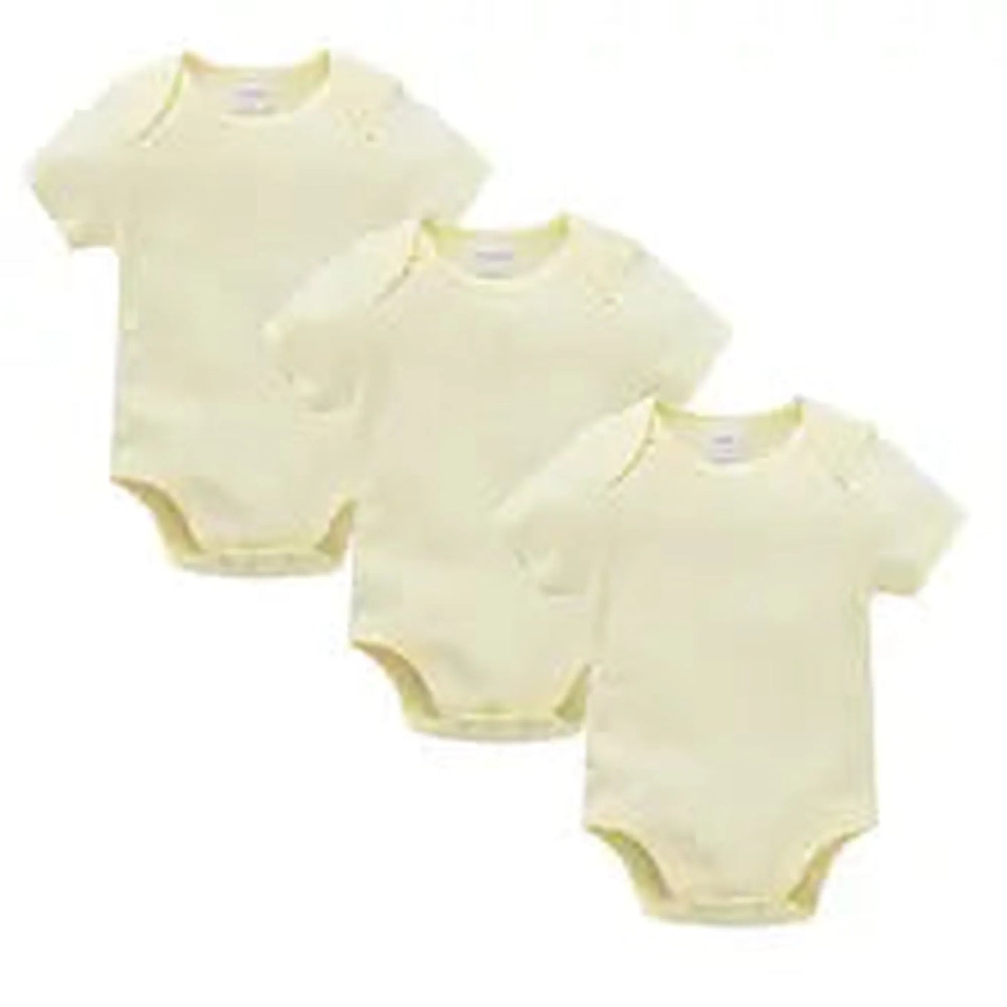 Three soft yellow cotton baby bodysuits with short sleeves and snap closures.