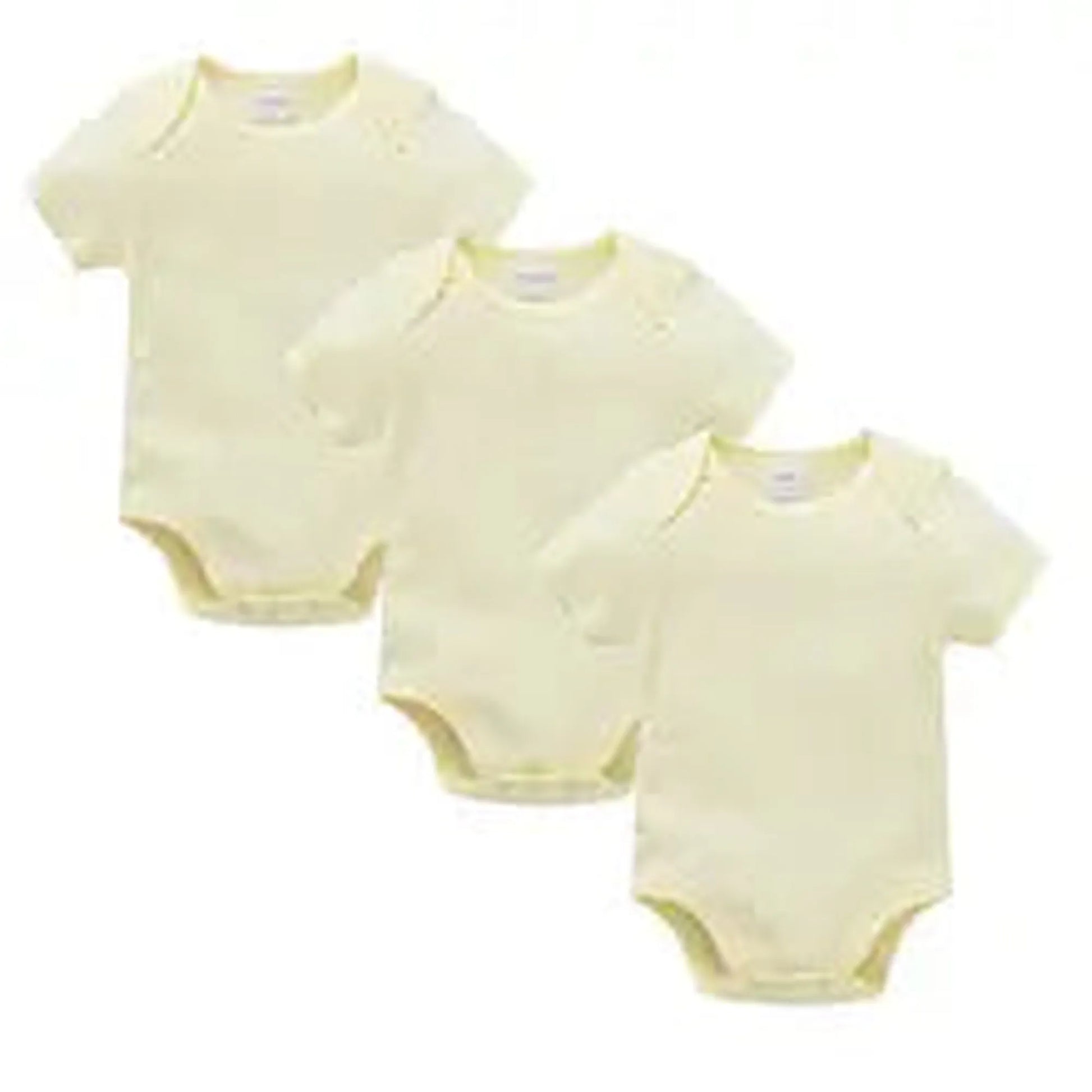 Three soft yellow cotton baby bodysuits with short sleeves and snap closures.