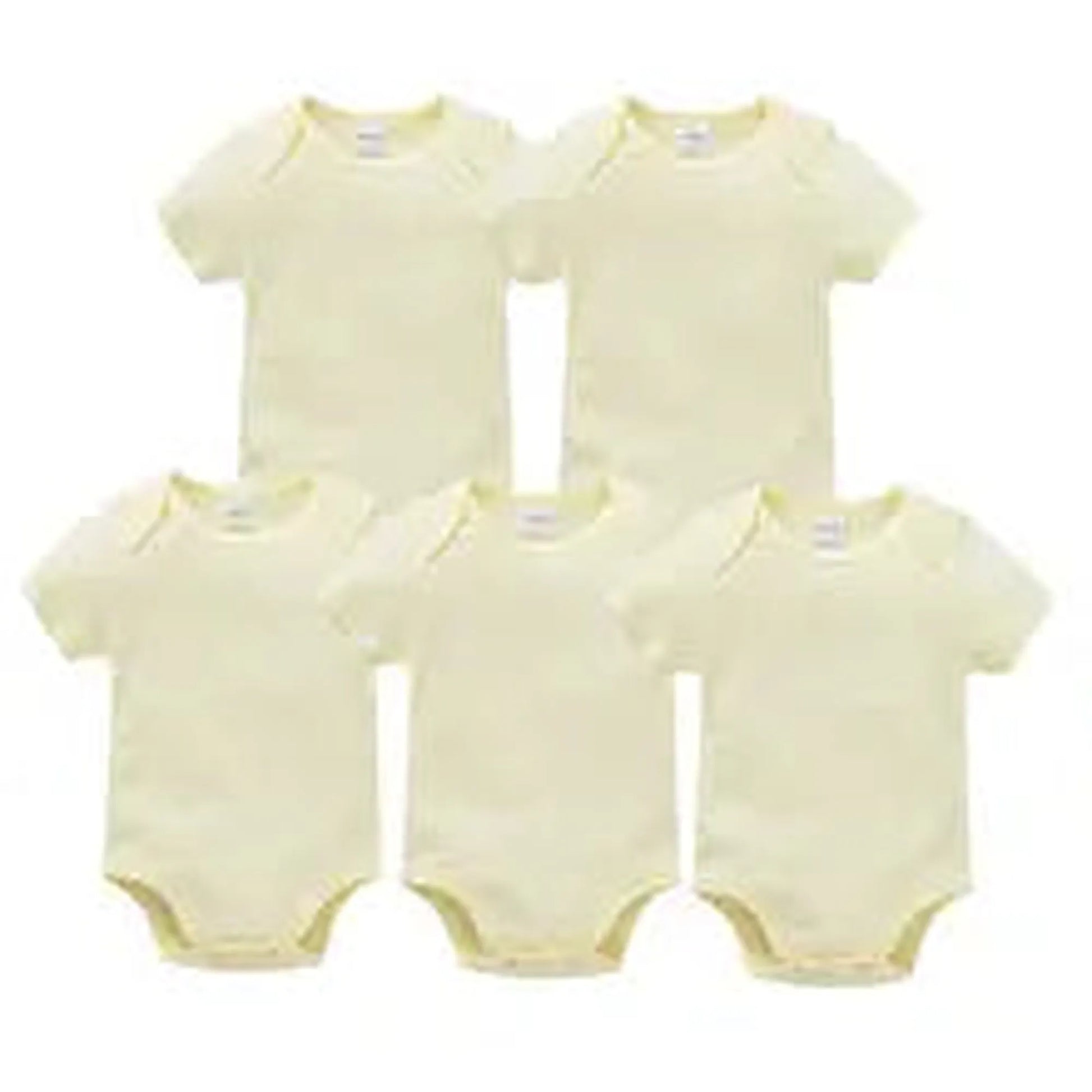 Five soft yellow short-sleeve cotton baby bodysuits with snap closures, perfect for everyday wear.