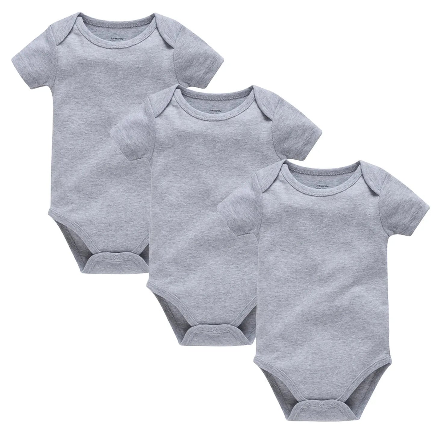 Three soft gray cotton short-sleeve baby bodysuits with snap closures, suitable for 0-24 months.
