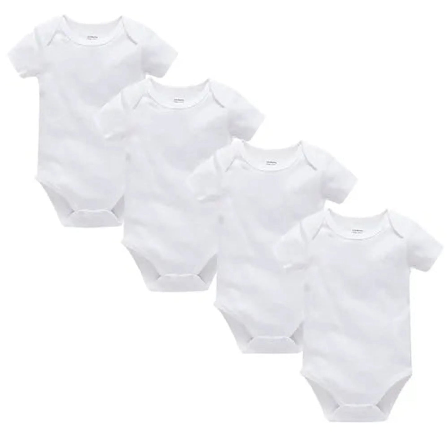 Four white short-sleeve cotton baby bodysuits with snap closures, perfect for everyday wear.