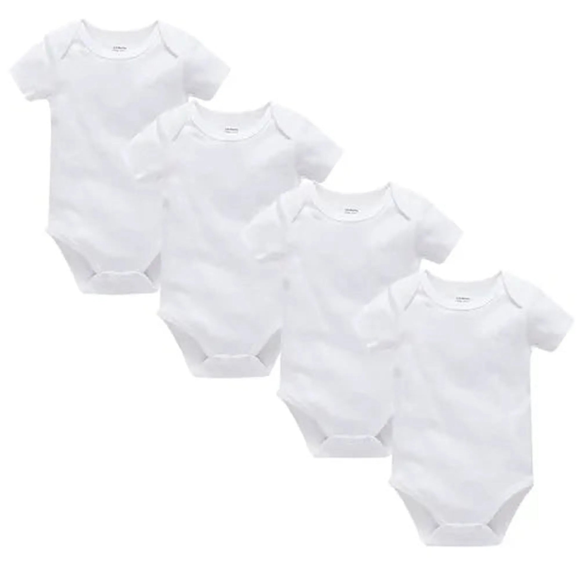 Four white short-sleeve cotton baby bodysuits with snap closures, perfect for everyday wear.