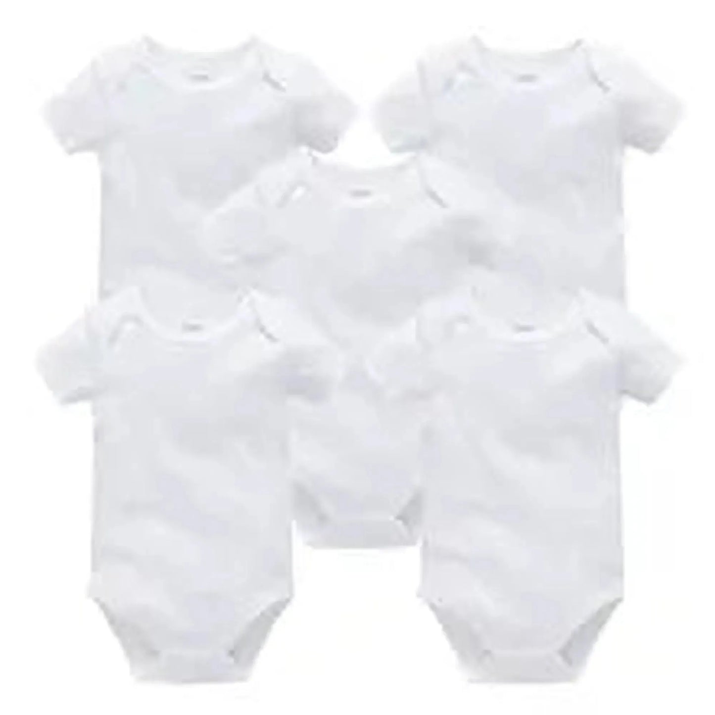 Five white short-sleeve cotton baby bodysuits with snap closures, perfect for everyday wear.