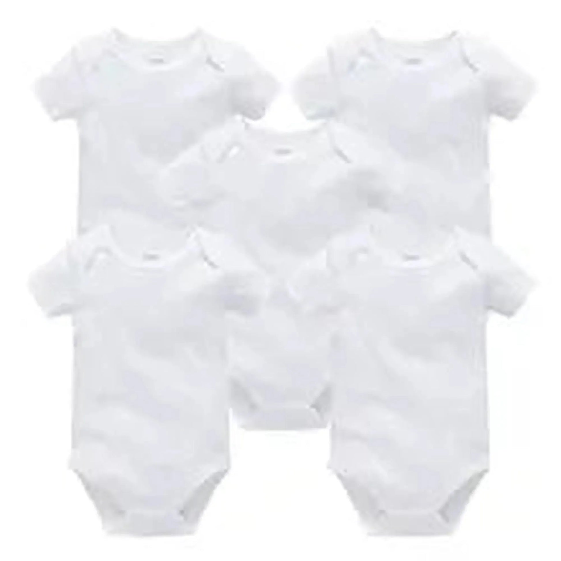 Five white short-sleeve cotton baby bodysuits with snap closures, perfect for everyday wear.