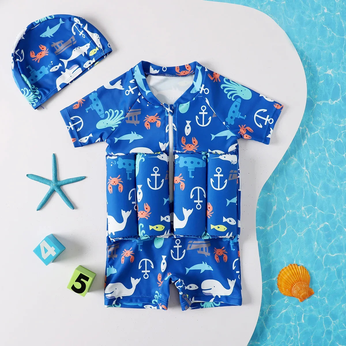 Blue kids' float swimsuit with cartoon sea animal print and matching swim cap.