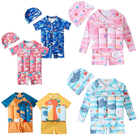Colorful kids' floatation swimsuits with cartoon prints, short and long sleeves, and matching swim caps.