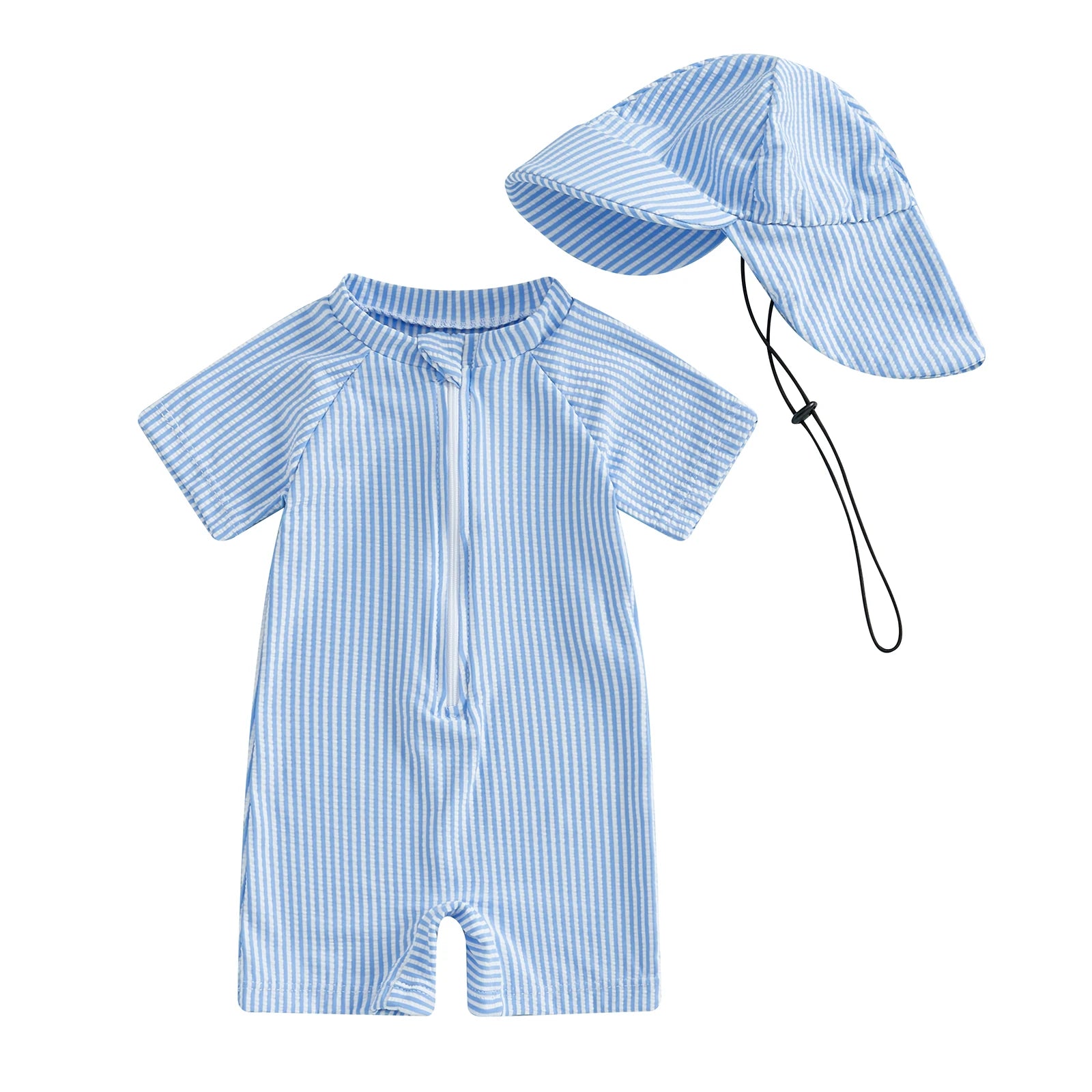 Baby's blue and white striped short-sleeve swimsuit with a matching sun hat.