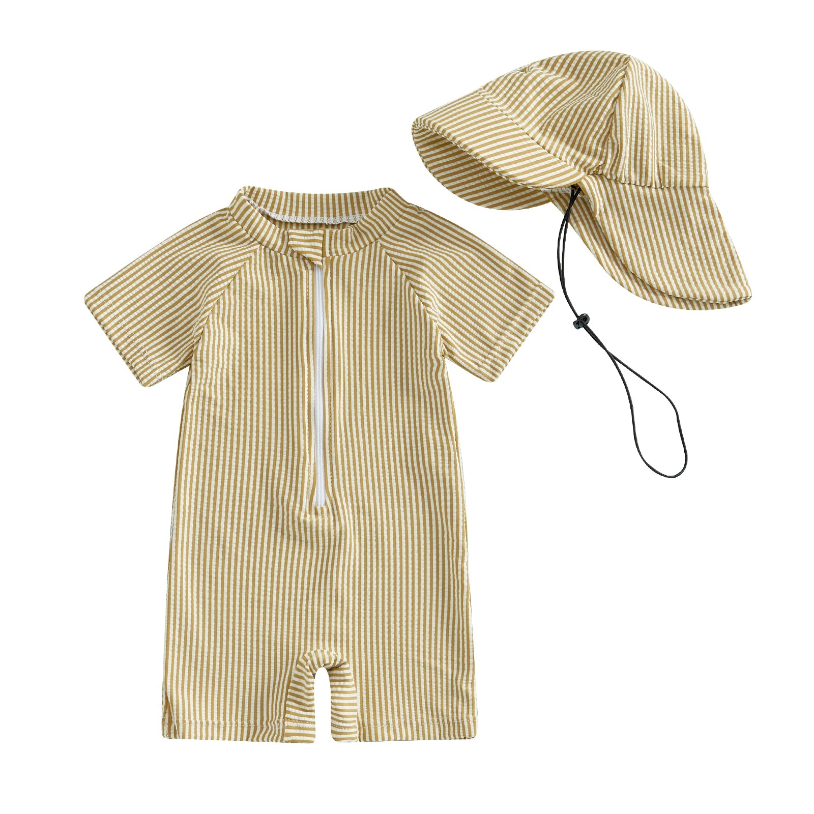 Baby's short-sleeve striped swimsuit in mustard and white with a matching sun hat.