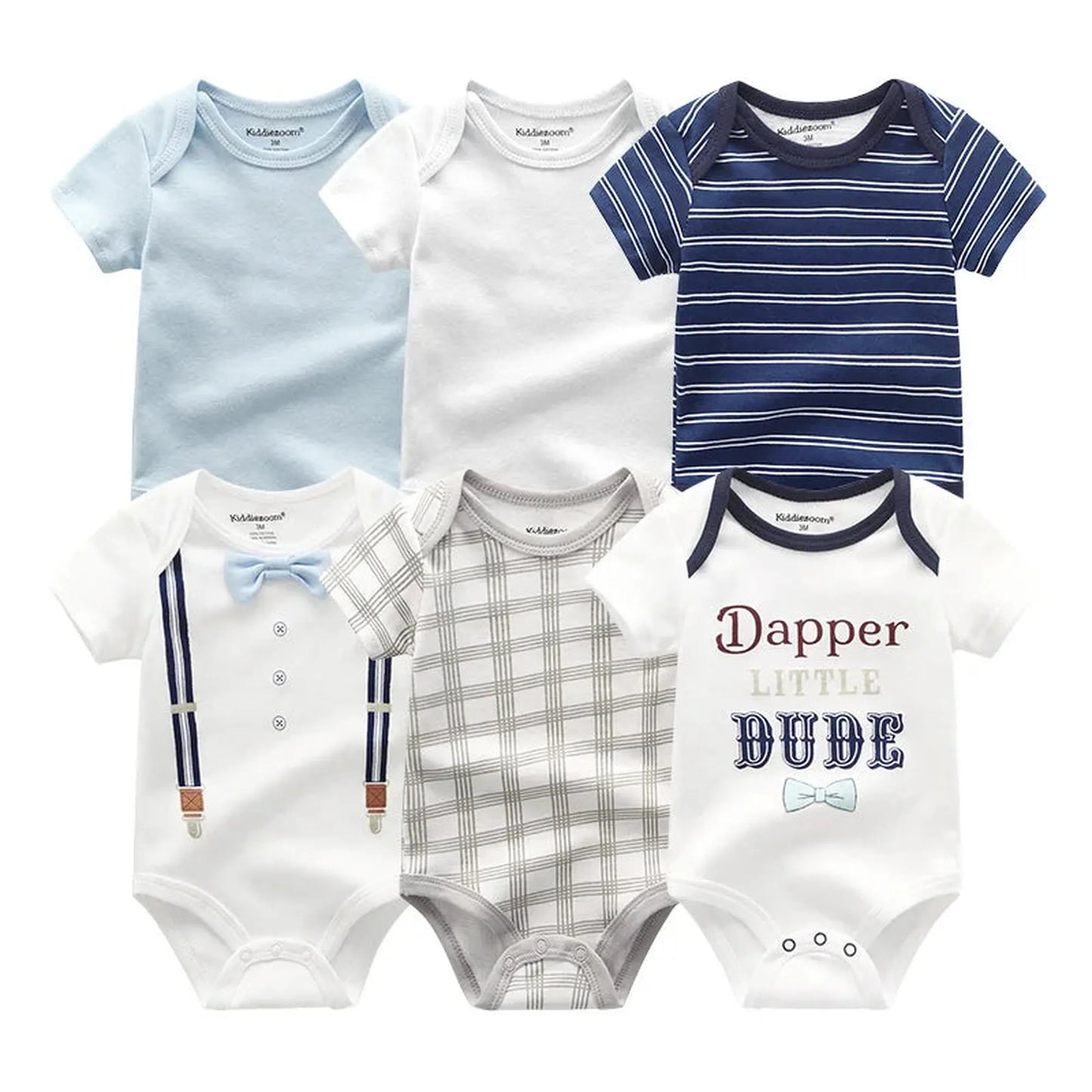 Six short-sleeve cotton baby rompers: blue, white, navy stripe, suspender, plaid, and "Dapper Little Dude" designs.