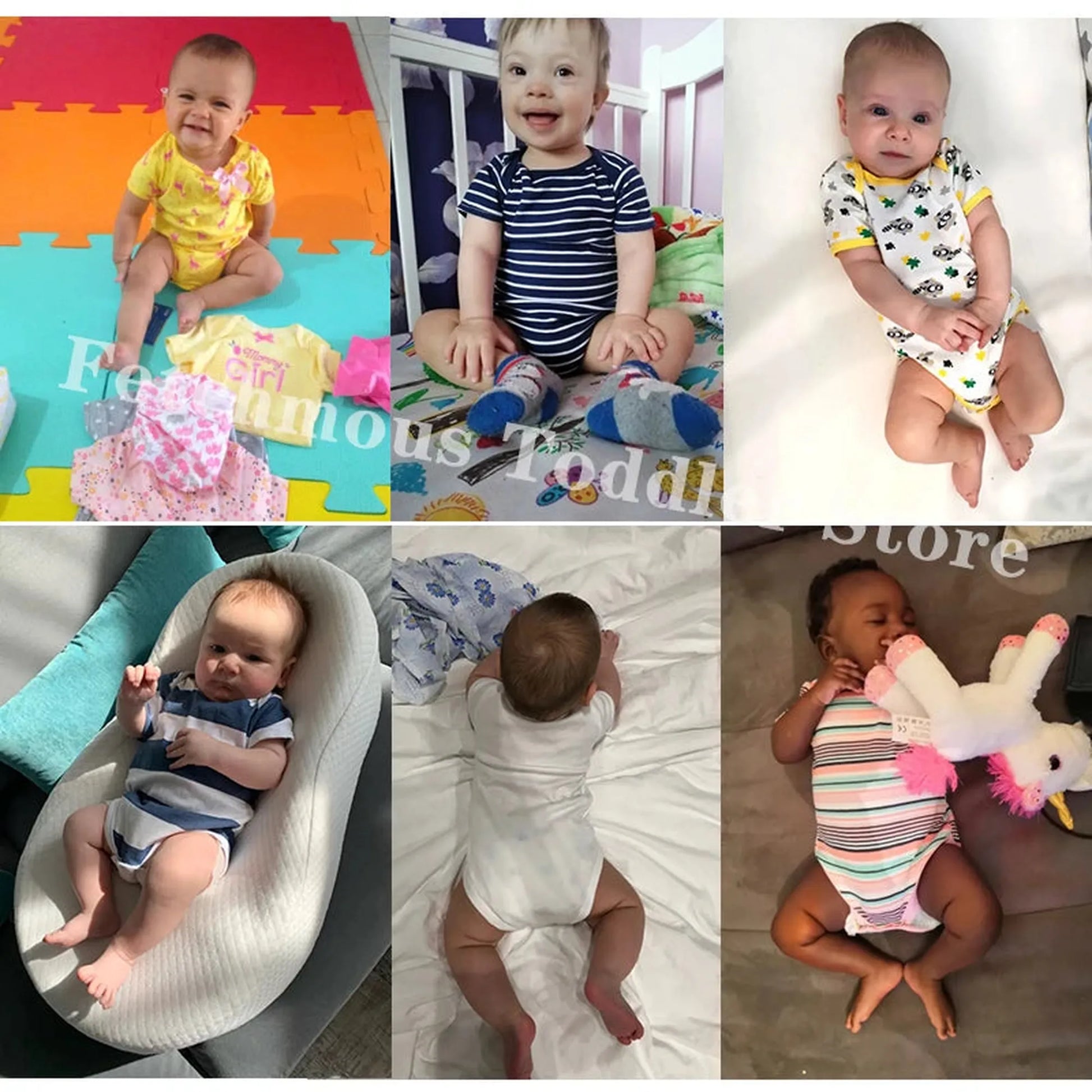 Babies wearing various short-sleeve cotton rompers in yellow, white, striped, and patterned designs.