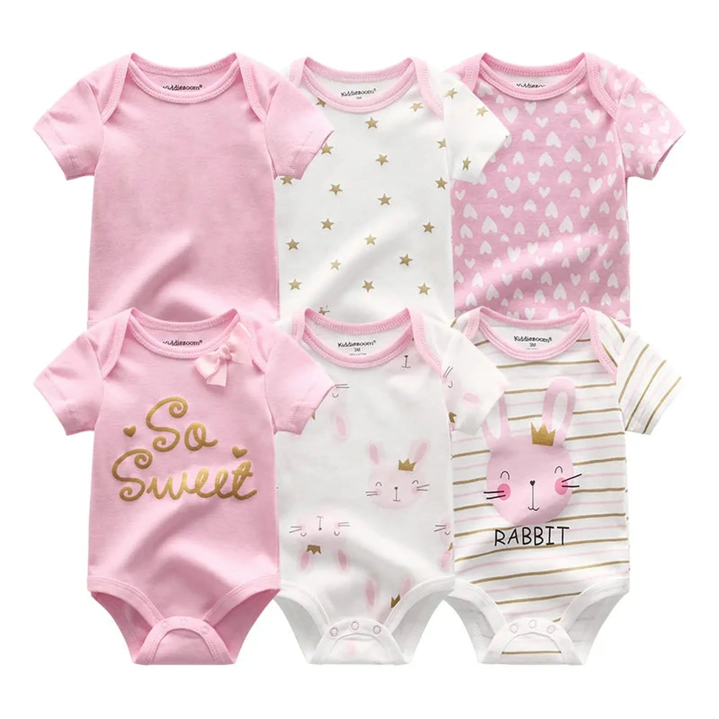 Six short-sleeve cotton baby rompers in pink and white with various cute prints like stars, hearts, and rabbits.