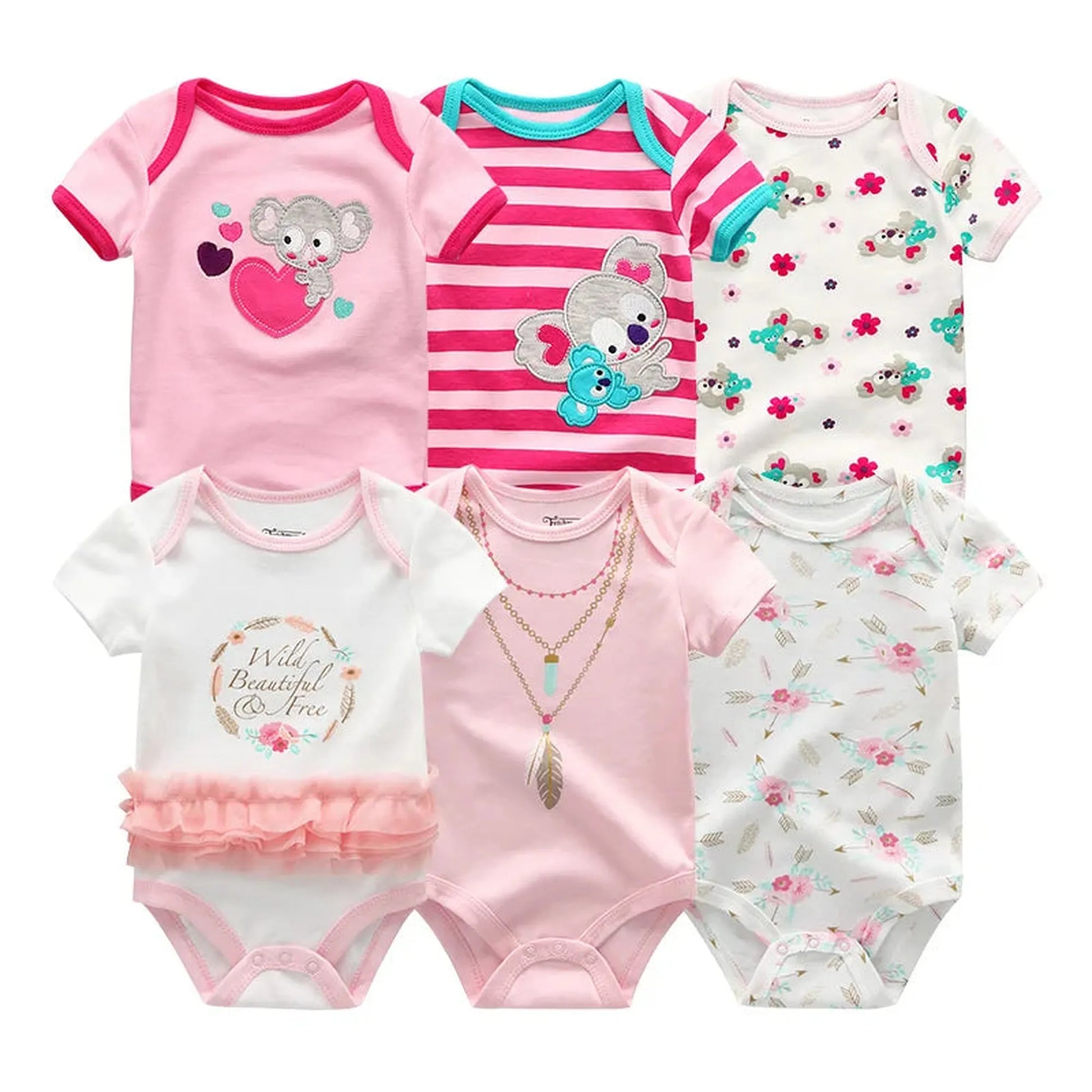 Six short-sleeve cotton baby rompers in pink and white with various cute animal, floral, and stripe designs.