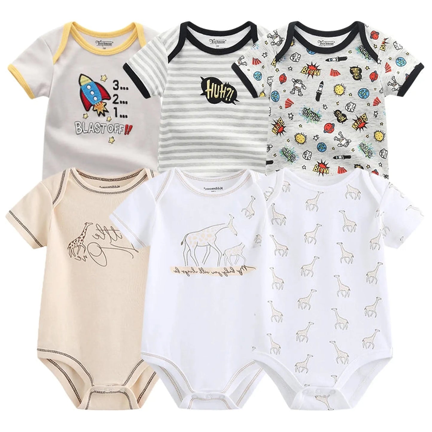 Six short-sleeve cotton baby rompers with assorted cartoon prints: rockets, stripes, comic, giraffes.