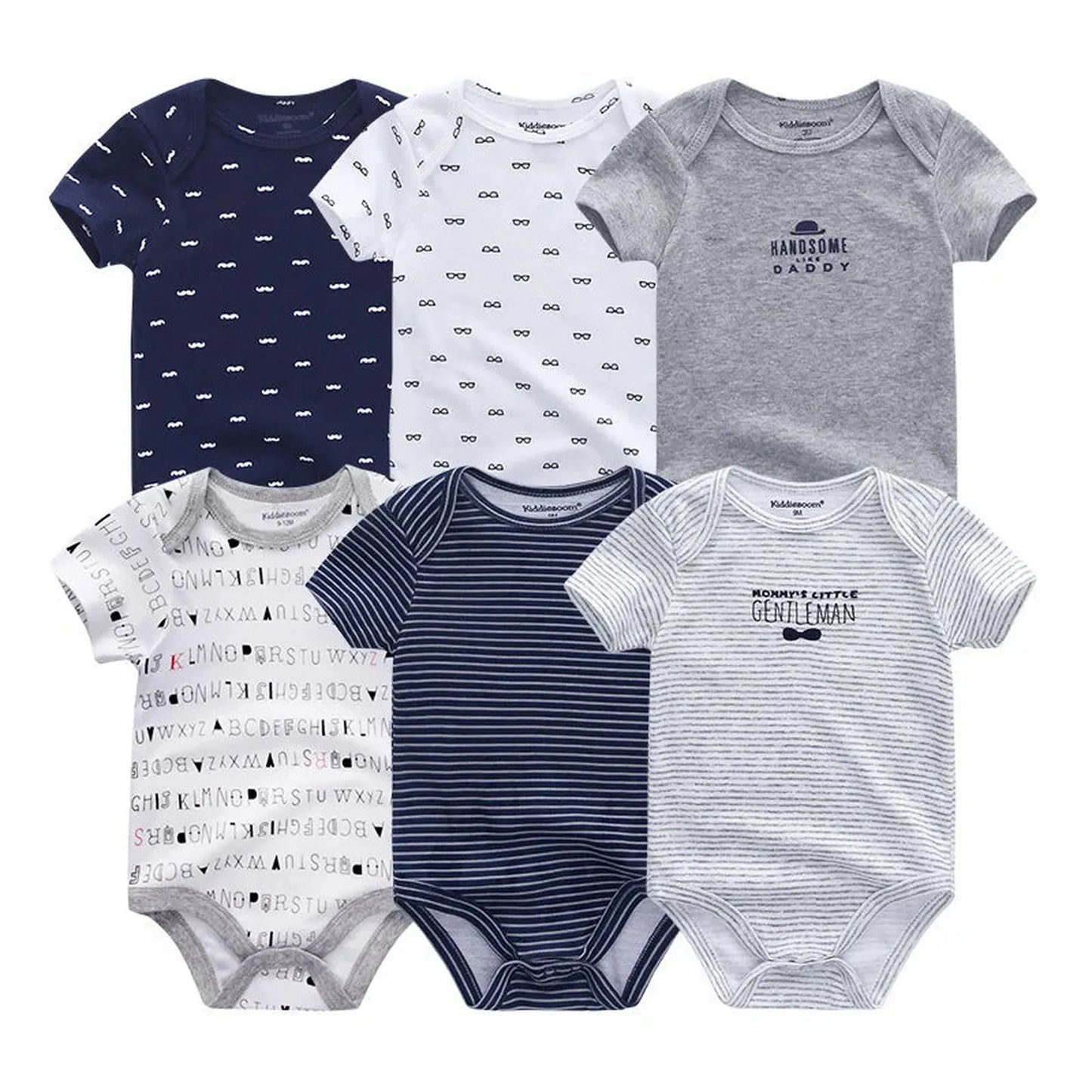 Six short-sleeve cotton baby rompers in various patterns: navy mustache, white glasses, grey "Handsome Daddy," grey alphabet, navy stripes, and white "Mommy's Little Gentleman.