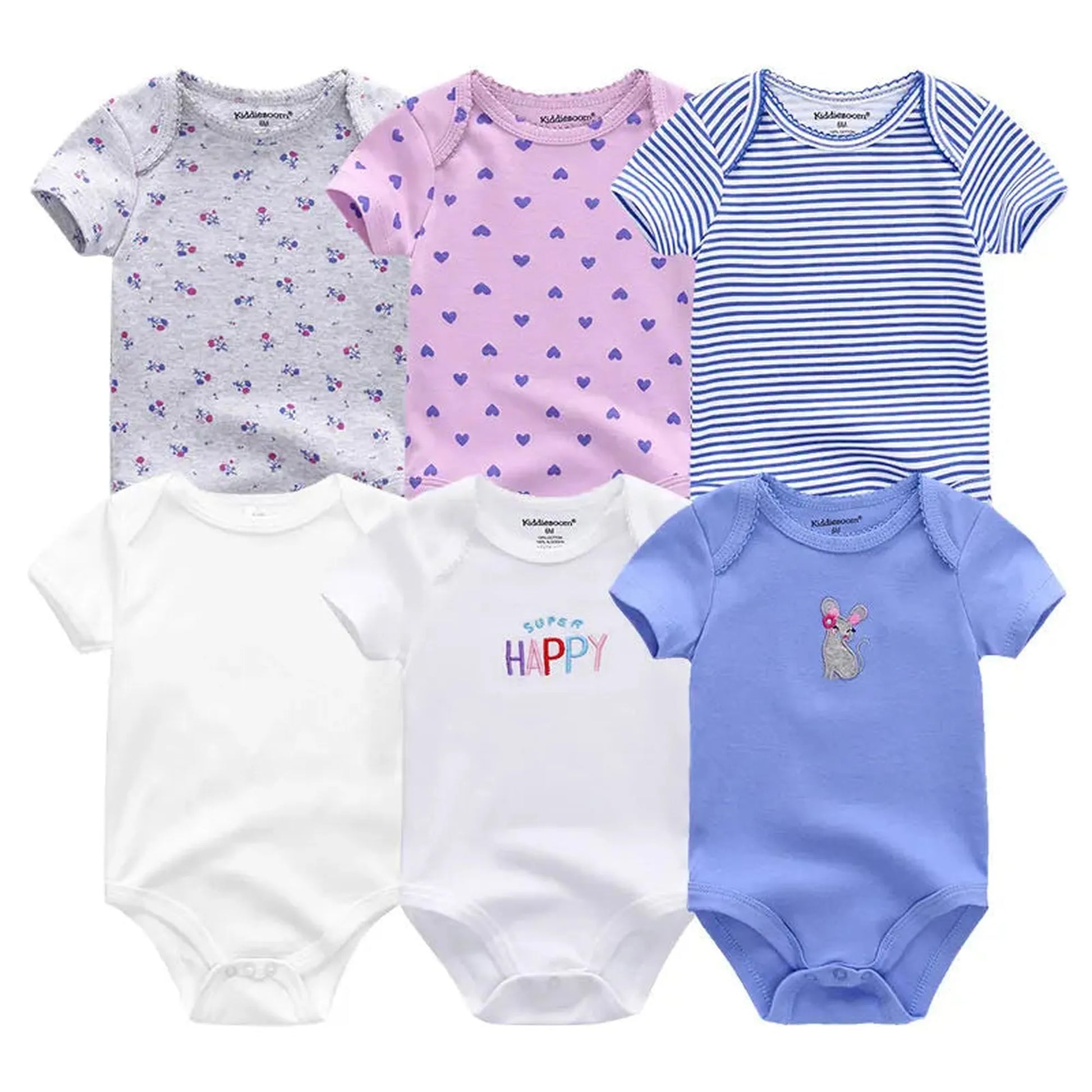 Six short-sleeve cotton baby rompers: white, blue, pink hearts, gray floral, blue stripes, and "Super Happy" text.