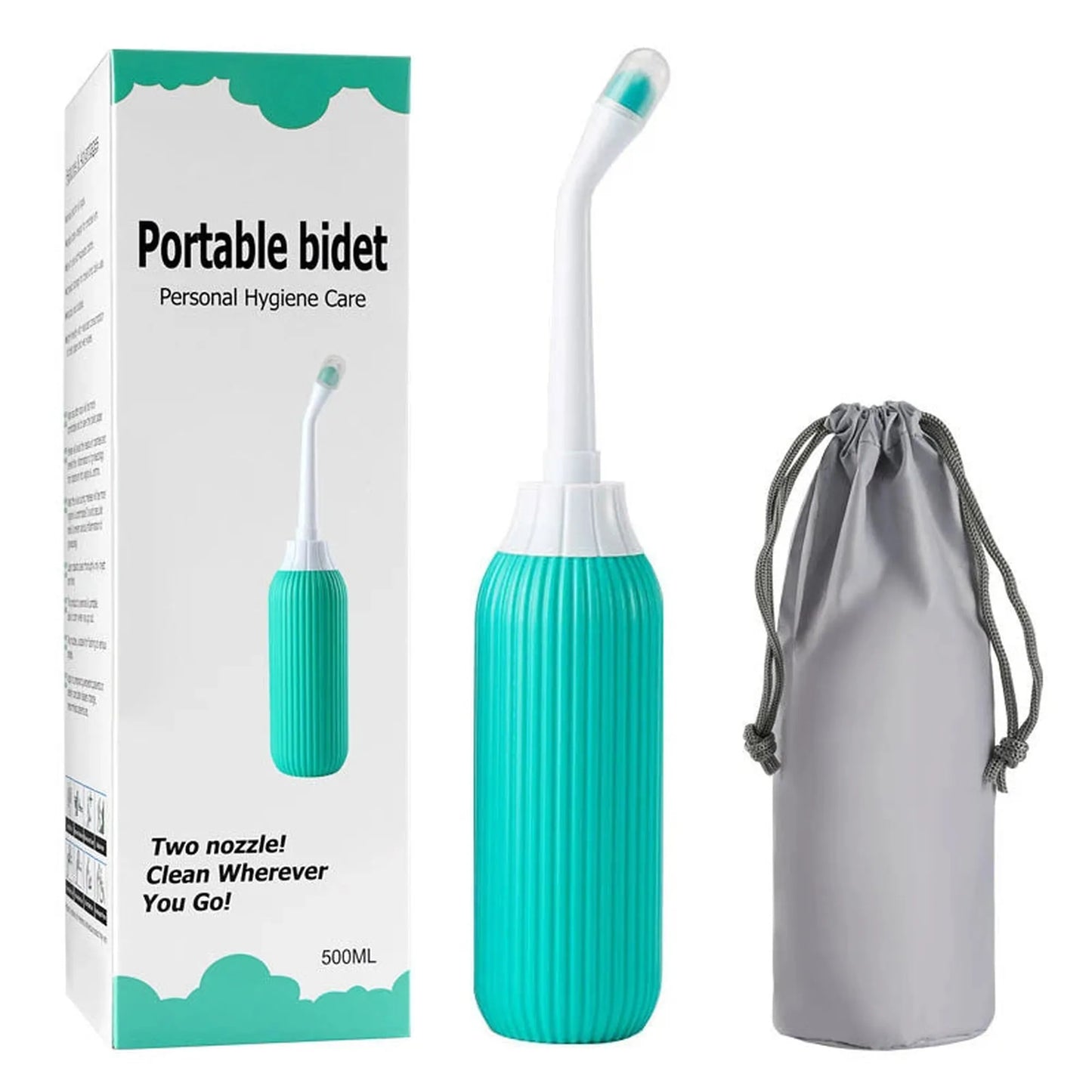 Portable teal 500ml bidet with angled nozzle, shown with its white box and gray drawstring bag.