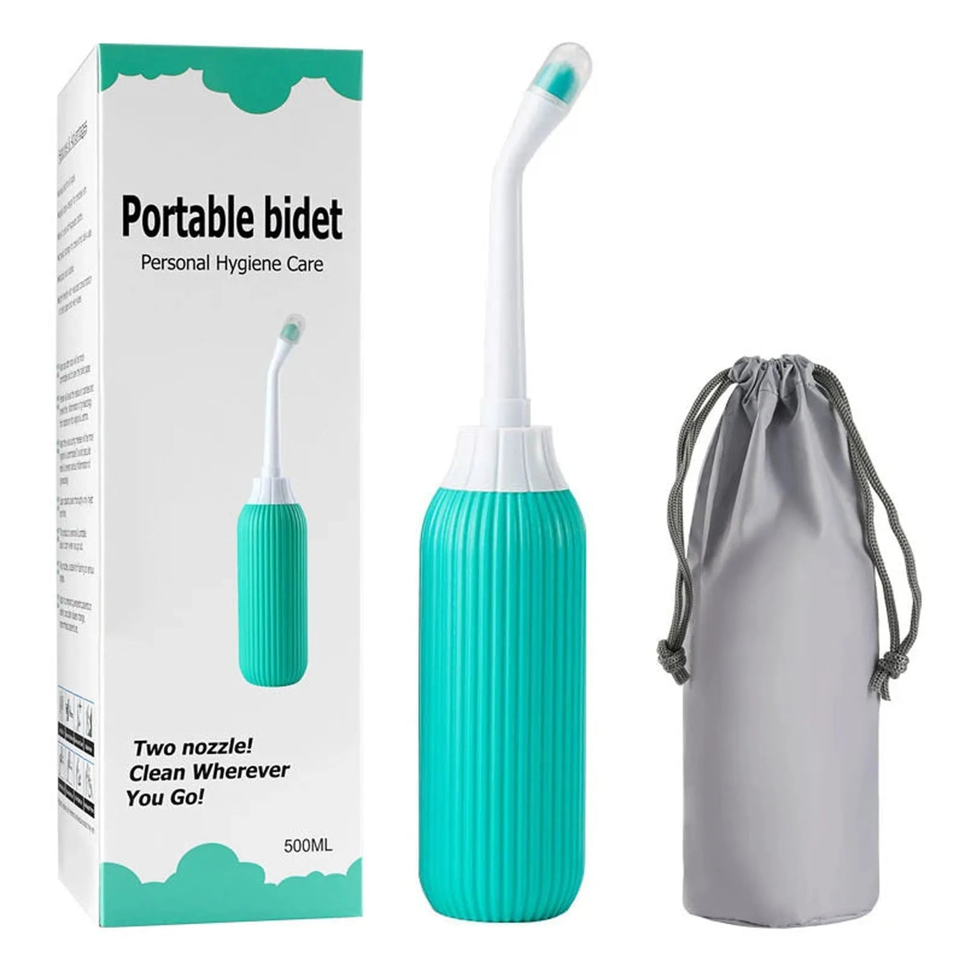 Portable teal 500ml bidet with angled nozzle, shown with its white box and gray drawstring bag.