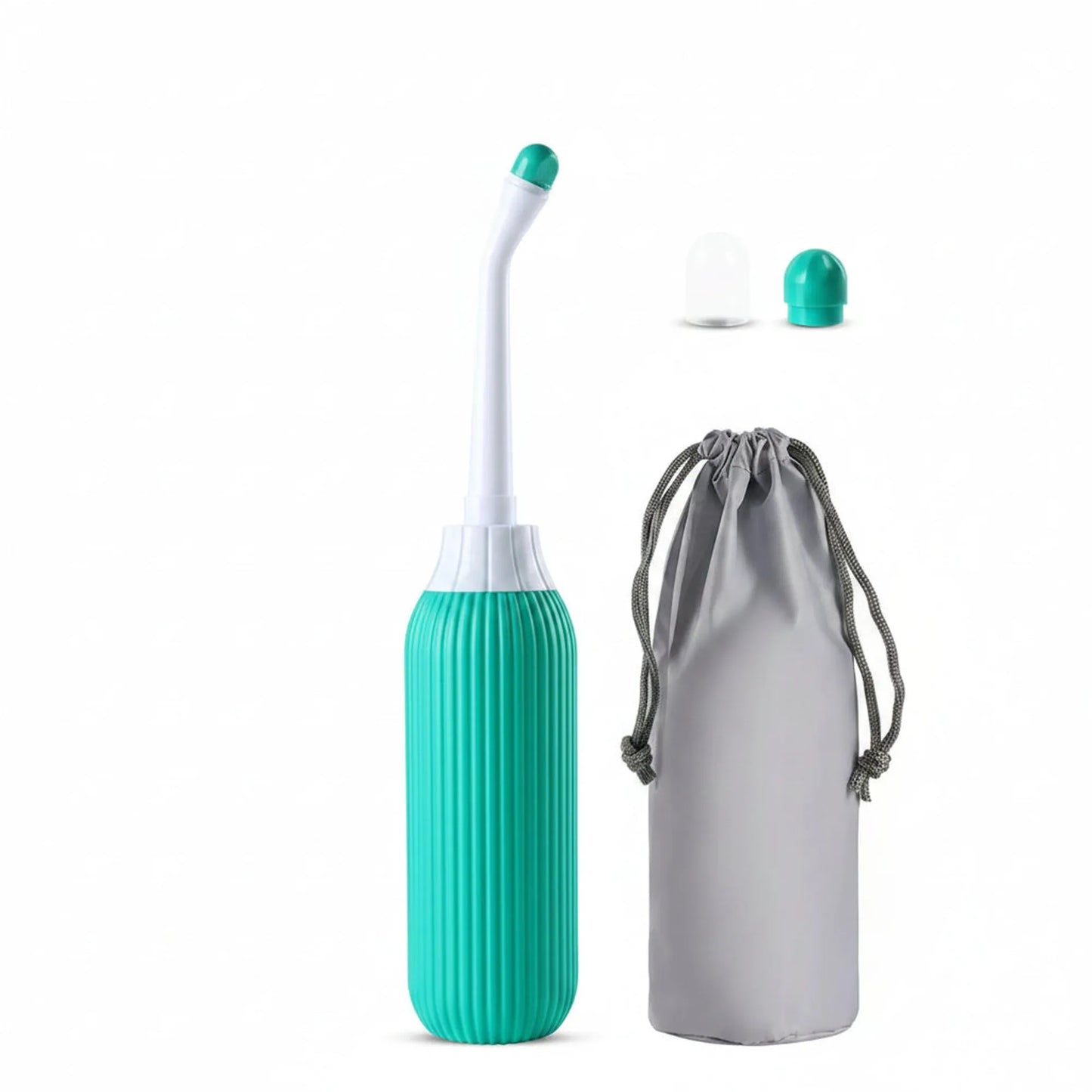Portable 500ml teal bidet bottle with angled nozzle, cap, and gray drawstring travel bag.