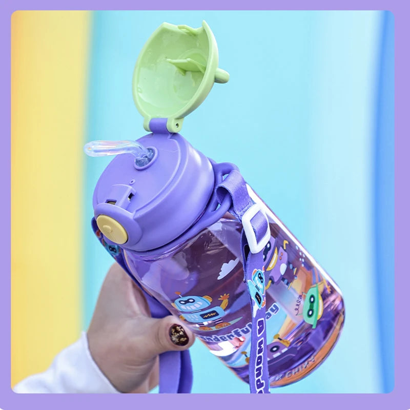 Purple 650ml kids' water bottle with straw, handle, and colorful robot design.