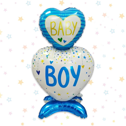 Blue and white heart-shaped foil balloon for gender reveal, featuring "BABY" and "BOY" text with confetti.