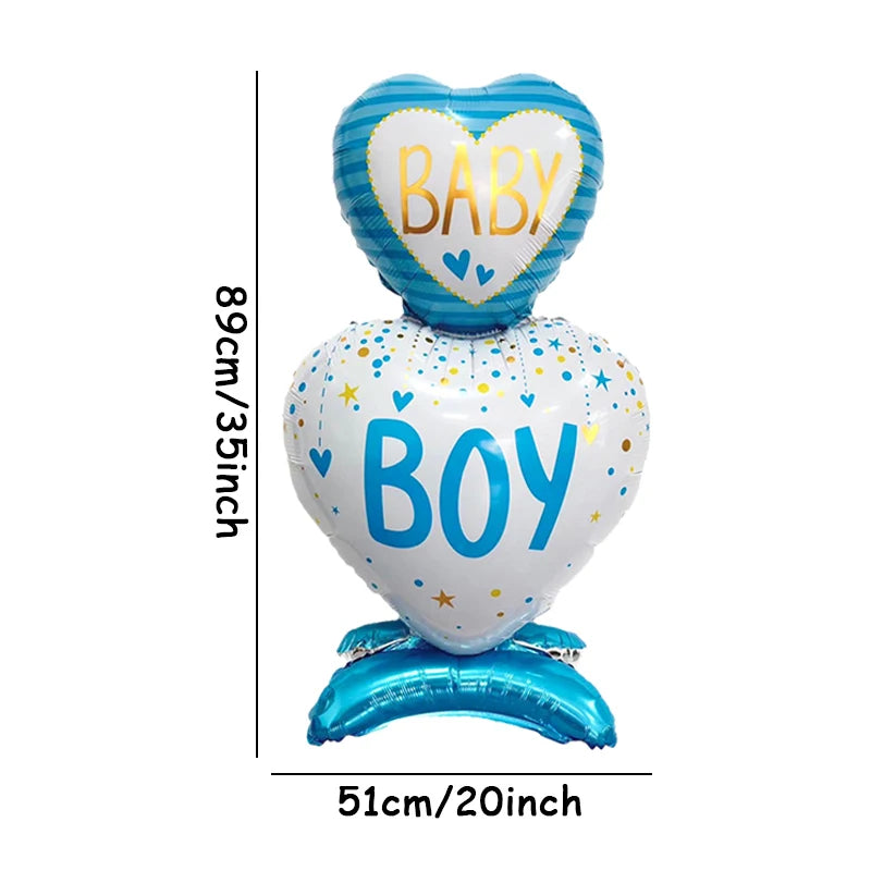 35-inch blue and white heart-shaped foil balloon for baby boy gender reveal, with "BABY" and "BOY" text.