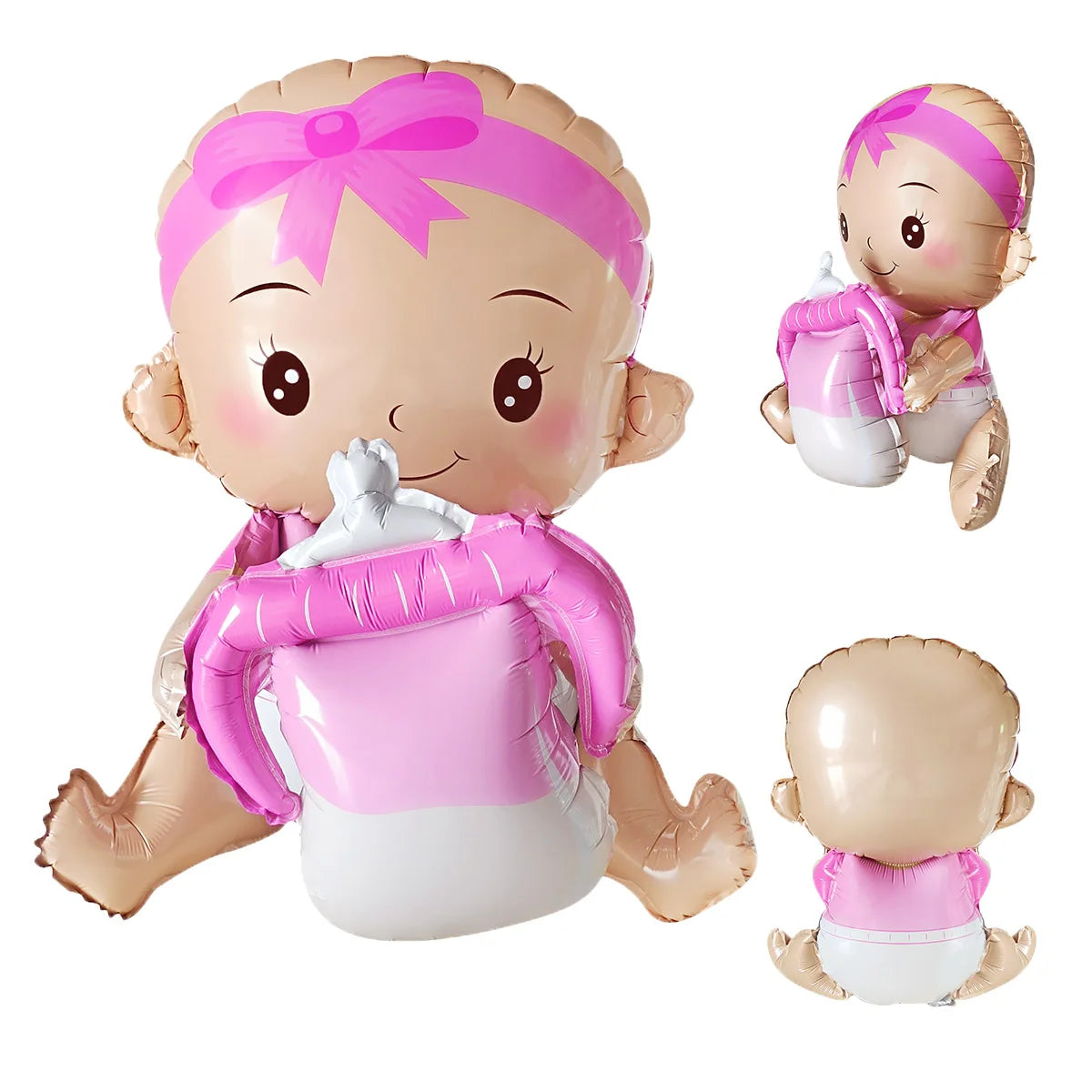 3D aluminum foil baby girl balloon with pink bow, shirt, and bottle, perfect for baby showers or birthdays.
