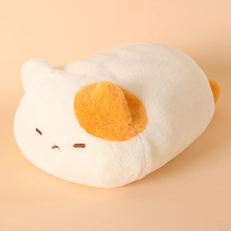 Soft white fluffy cat plush pillow, 45cm, with orange ear and tail, for cuddling.