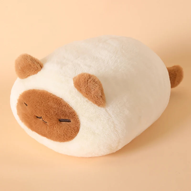 Soft, fluffy white cat plush pillow with brown face and ears, 45cm, for cuddling.