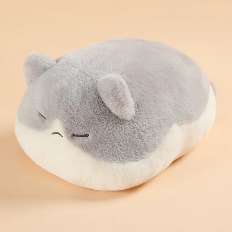 Soft gray and white plush cat pillow, 45cm, with closed eyes and small ears.