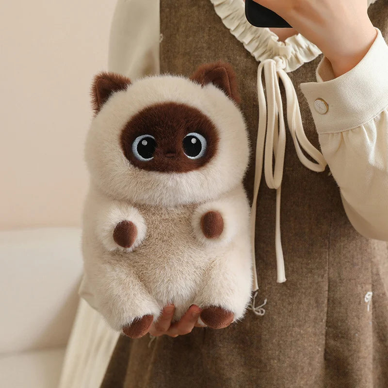 Soft, fluffy cream and brown cat plush toy with big eyes, held by a person in a brown dress.