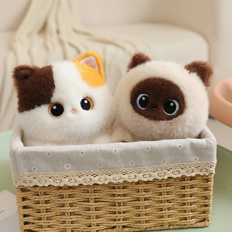 Two soft, round plush cat toys in a woven basket; one calico, one Siamese-style.