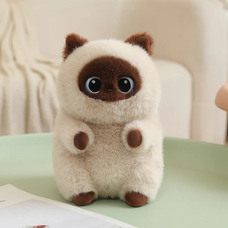 Soft, fluffy cream and brown cat plush toy with big eyes, 20-23cm.