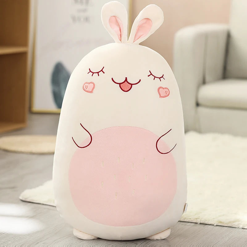 Soft plush white bunny animal pillow with pink cheeks and belly, 45-80cm, for kids.