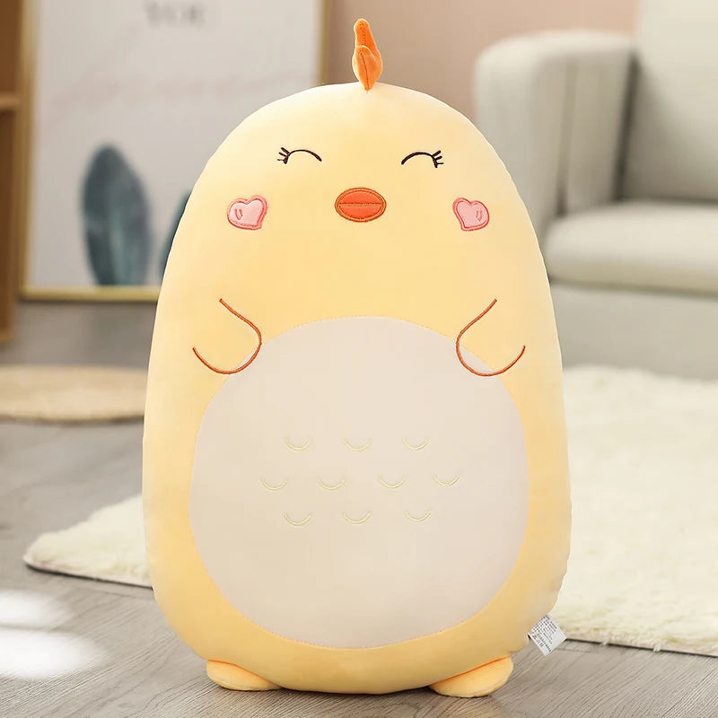 Soft yellow plush chicken animal pillow for kids, 45-80cm, with closed eyes and pink cheeks.